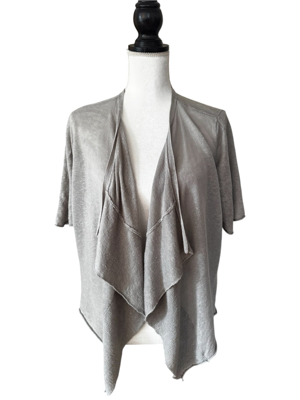 Alfani 100% Linen Draped Open Front Neutral Light Gray Cardigan Size Small